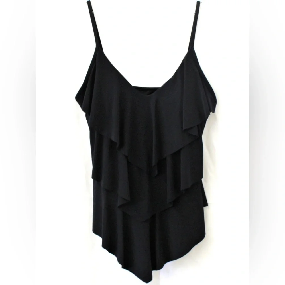 Magicsuit Tiered Ruffled Angled Tankini Swim Top Black Stretch Compression sz 12 - Picture 2 of 10
